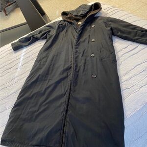 90s VTG Jones New York Black Long Hooded Coat w Dark Brown Faux Fur Lining Wm S
